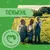 Tierwohl und Animal Welfare. Grünes Siegel mit Hand-Symbol, Familie auf einer Wiese mit grasenden Kühen im Hintergrund. Tierwohl und Animal Welfare. Grünes Siegel mit Hand-Symbol, Familie auf einer Wiese mit grasenden Kühen im Hintergrund.