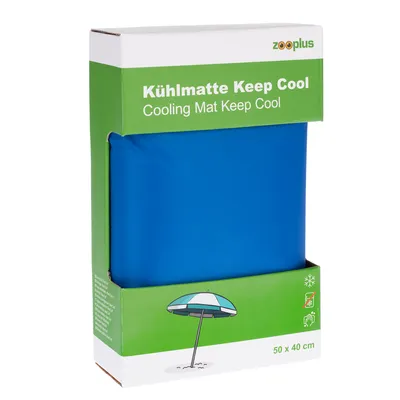 Mata chłodząca Keep Cool od Zooplus, rozmiar 50 x 40 cm. Opakowanie pokazuje niebieską matę i symbole chłodzenia, brak potrzeby zasilania, łatwa obsługa. Mata chłodząca Keep Cool od Zooplus, rozmiar 50 x 40 cm. Opakowanie pokazuje niebieską matę i symbole chłodzenia, brak potrzeby zasilania, łatwa obsługa.