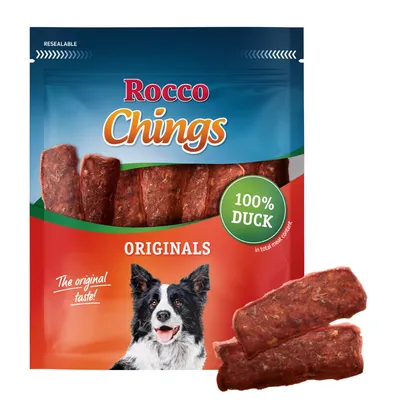 Rocco Chings Originals, 100% kacsa, visszazárható csomagolás. Látható: kutya és kacsahús csíkok. Rocco Chings Originals, 100% kacsa, visszazárható csomagolás. Látható: kutya és kacsahús csíkok.