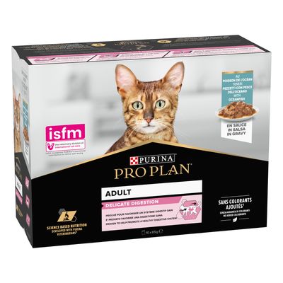 Purina Pro Plan Adult Delicate Digestion with ocean fish in gravy, science-based nutrition, no added colourants, ISFM recognition, proven to help promote a healthy digestive system.