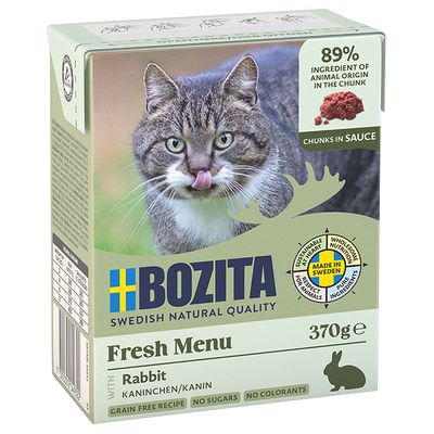 Bozita Fresh Menu nyúl szószban, 370g. 89% állati összetevő darabokban. Gabonamentes, cukormentes, színezék nélkül. Svédországban készült tiszta összetevőkből.