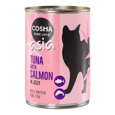 Cosma Asia macskaeledel konzerv, íz: tonhal lazaccal zselében. Multi Protein, tiszta hal. Rózsaszín csomagolás fekete macskasziluettel és hal szimbólumokkal.