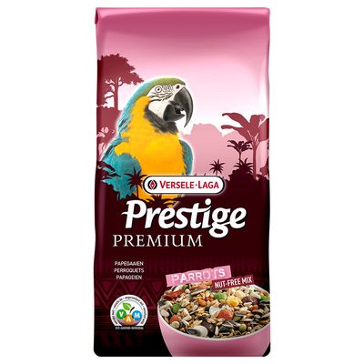 Versele-Laga Prestige Premium papagáj eledel, diómentes keverék, VAM-vitamin-aminosav-ásványi komplex, magkeverék és papagáj képe a csomagoláson.