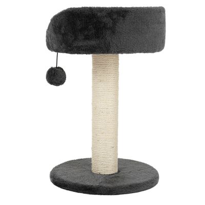 Cat tree with grey plush bed, sisal post and hanging play ball.