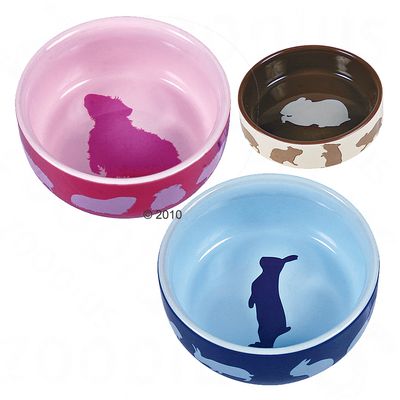 Three feeding bowls in pink, blue and brown with animal motifs: dog, rabbit and hamster. Suitable for small pets.