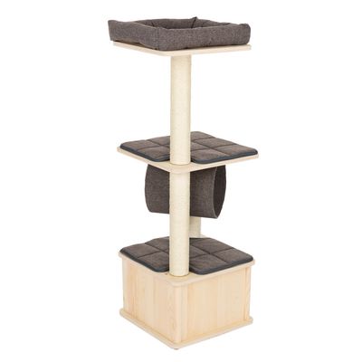 Cat tree with three levels, padded grey lying surfaces, sisal scratching post and wooden base. Integrated cave made of grey fabric.