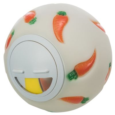 Pelota redonda de juego con diseño de zanahoria y abertura para dispensar golosinas, blanca con detalles naranja y verdes.