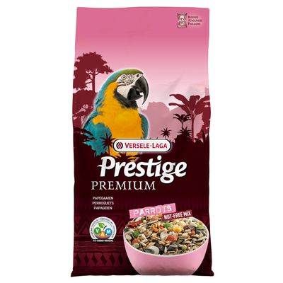 Versele-Laga Prestige Premium papagáj eledel, diómentes keverék, VAM-jelzés vitaminokra, aminosavakra és ásványi anyagokra. Csomagolás papagájjal és tál keverékkel.