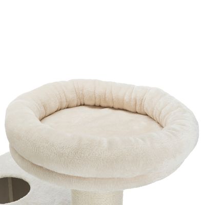 Beige padded lying surface with soft plush cover, part of a scratching post visible.