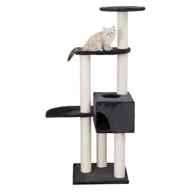 Cat tree with multiple levels, sisal posts and a cave. A beige cat is sitting on the middle platform.