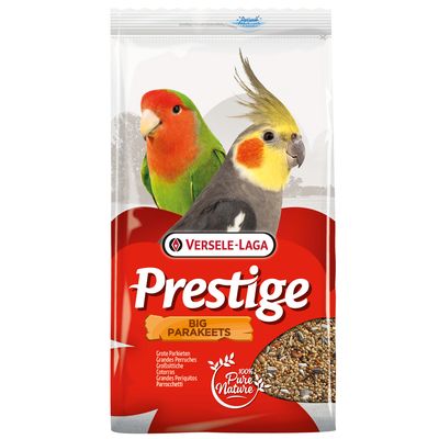 Versele-Laga Prestige Big Parakeets, eleség nagy hullámos papagájoknak, 100% Pure Nature. A csomagoláson két madár és magkeverék látható.