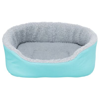 Oval pet bed with light blue outer surface and grey, soft plush inner lining.