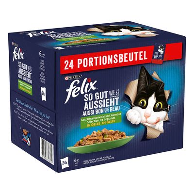 Két doboz Purina Felix So gut wie es aussieht macskaeledel, 24 adag tasakos csomagolásban, összesen 48 adag. A dobozon fekete-fehér macska képe látható.