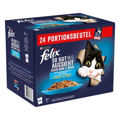 Purina Felix So gut wie es aussieht. 24 adag tasak vízi ízválasztékkal: lazac, tőkehal, tonhal, lepényhal zselében.