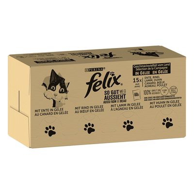 Purina Felix So gut wie es aussieht. Ízválaszték: kacsa, marha, bárány, csirke zselében. 15x60g. 100% kiegyensúlyozott étkezés mesterséges aromák nélkül.