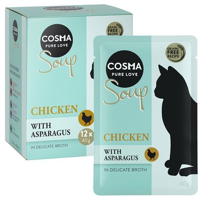 Cosma Pure Love Soup Chicken Breast with Pumpkin macskaeledel, 24×40 g tasakos csomagolásban. Látható szöveg: in delicate broth.