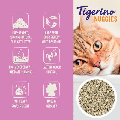 Tigerino Nuggies cat litter features: fine-grained clumping clay, eco-friendly bentonite, high absorbency, lasting odour control, baby powder scent, made in Germany.