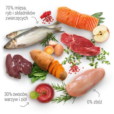 70% mięsa, ryb i składników zwierzęcych; 30% owoców, warzyw i ziół; 0% zbóż. Widoczne surowe mięso, ryba, wątróbka, jajko, batat, jabłko, zioła.