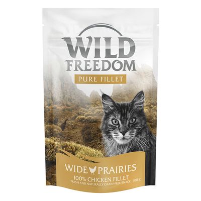 Wild Freedom Pure Fillet macskaeledel. Fajták: Wide Prairies csirkével, Rugged Cliffs tonhallal. Friss, tiszta filé, gabonamentes. Látható csomagolás és filédarabok.
