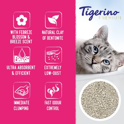 Product features: Febreze Blossom & Breeze scent, natural bentonite clay, ultra absorbent, extremely low-dust, immediate clumping, fast odour control. Tigerino Premium branding shown.