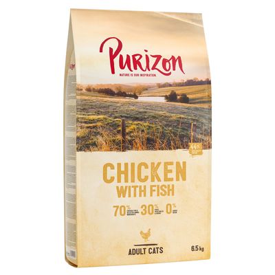 Purizon Chicken with Fish dla dorosłych kotów, 6,5 kg. 70% mięsa, ryb i produktów zwierzęcych, 30% składników roślinnych, 0% zbóż. Napis: Original.