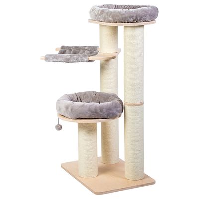 Cat tree with three levels, two padded resting areas, a hammock and play balls. Colours: beige and grey.