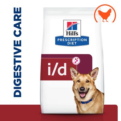 Hill's Prescription Diet i/d kutyatáp csomagolás, DIGESTIVE CARE felirattal és narancssárga csirke szimbólummal a jobb felső sarokban.