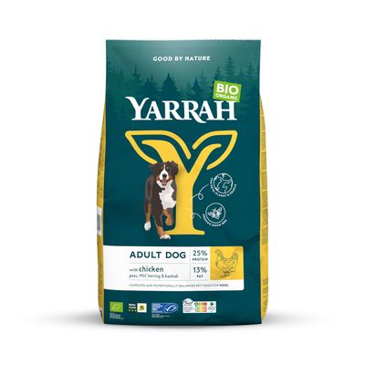 Yarrah bio kutyaeledel felnőtt kutyáknak csirkével, borsóval, MSC heringgel és baobabbal. 25% fehérje, 13% zsír. Tanúsított bio, kiegyensúlyozott teljes értékű eledel.