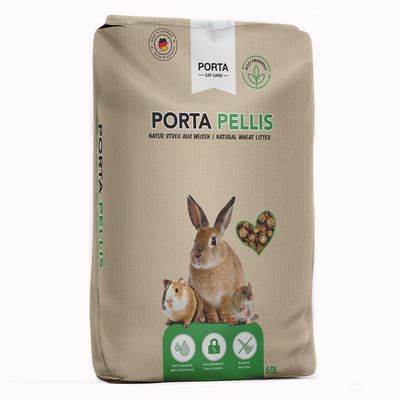 Bag of wheat straw bedding and litter, 400% absorbency, odour control, dust free, ecological, 60 litres. Text in multiple languages highlights product features.