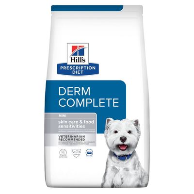 Hill's Prescription Diet Derm Complete Mini, skin care & food sensitivities, veterinarian recommended. Opakowanie z psem na froncie.