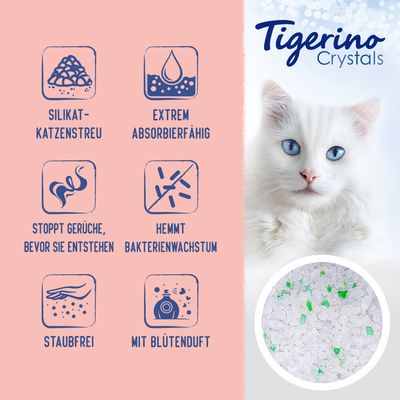 Tigerino Crystals Silikat-Katzenstreu: extrem absorbierfähig, stoppt Gerüche, hemmt Bakterienwachstum, staubfrei, mit Blütenduft.