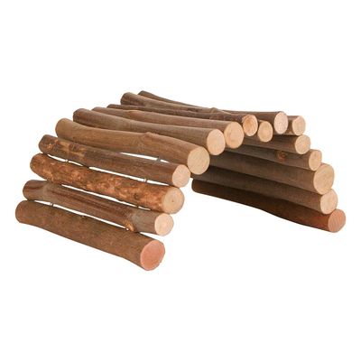 Puente de madera flexible de madera natural, apto como túnel o escondite. Varillas redondas visibles con uniones metálicas.