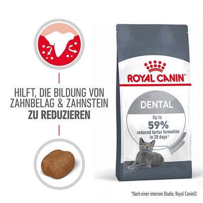 Royal Canin Dental Katzenfutter. Hilft, die Bildung von Zahnbelag und Zahnstein zu reduzieren. Bis zu 59% weniger Zahnsteinbildung in 28 Tagen laut interner Studie.