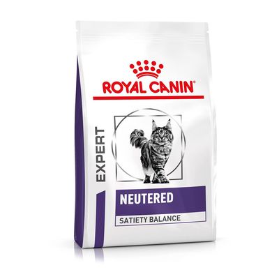 Royal Canin Expert Neutered Satiety Balance. Csomagolás macska képével és lila díszítéssel.