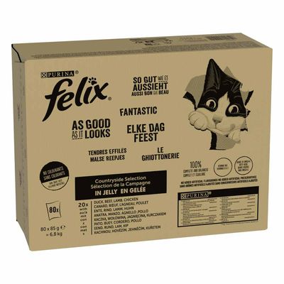 Purina Felix Countryside Selection aszpikban, 80x85g. Mesterséges színezék nélkül, 100% kiegyensúlyozott és teljes értékű. Változatok: kacsa, marha, bárány, csirke.