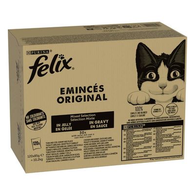 Purina Felix Emincés Original, vegyes válogatás zselében és szószban, 30x120g. Mesterséges színezék nélkül, 100% kiegyensúlyozott és teljes értékű. Látható összetevők és tápérték.