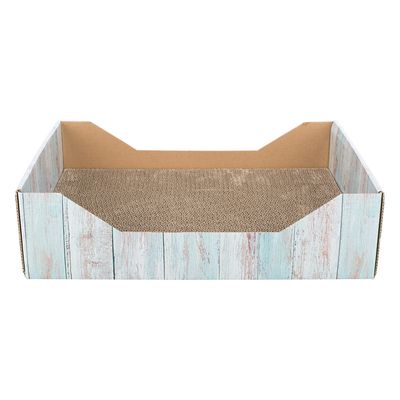 Cardboard scratching bed with light blue wood design and corrugated cardboard insert, rectangular shape.