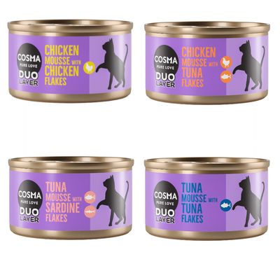 Cosma Pure Love Duo Layer. Csirkemousse csirkedarabokkal. Lila doboz fekete macska sziluettel és sárga csirke szimbólummal.