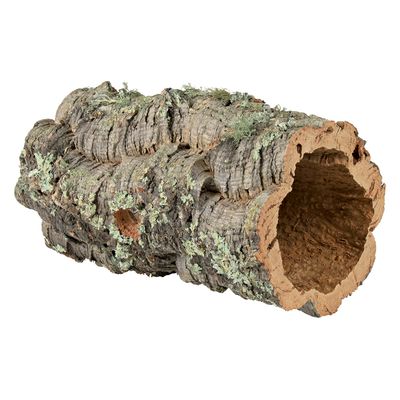 Tubo de corcho natural con musgo y superficie rugosa, adecuado como escondite o decoración para terrarios.