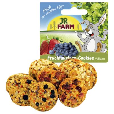 JR Farm Fruchtauslese-Cookies pełnoziarniste, świeże z naszej farmy. Opakowanie z truskawkami i jagodami oraz zdjęcie królika. Widoczne ciastka z owocami i ziarnami.