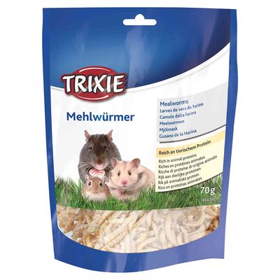 Trixie lisztkukacok, magas állati fehérjetartalommal, 70g. Csomagolás három rágcsálót és szárított lisztkukacokat ábrázol.