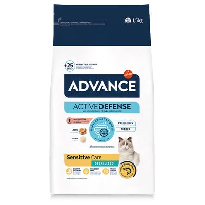 Advance Active Defense Sensitive Care Sterilized alimento para gatos con salmón y arroz, 1,5 kg. Contiene prebióticos, fibras, monoproteína, apoya la digestión, el cuidado de la piel y el control de peso.