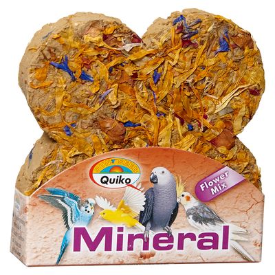 Bloque mineral Quiko Sun Seed Flower Mix para aves, con mezcla visible de flores secas. Envase muestra imágenes de periquitos y cacatúas. Texto: Mineral, Flower Mix.
