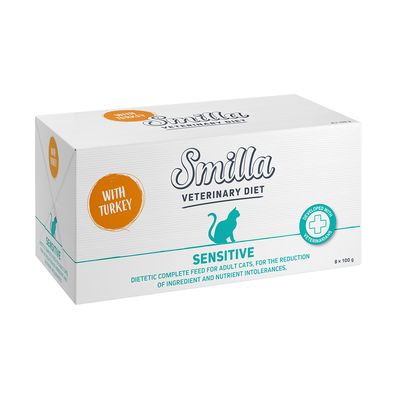 Smilla Veterinary Diet Sensitive with Turkey, 8 x 100 g. Dietetyczna karma pełnoporcjowa dla dorosłych kotów, opracowana z weterynarzami. Widoczny napis: WITH TURKEY.