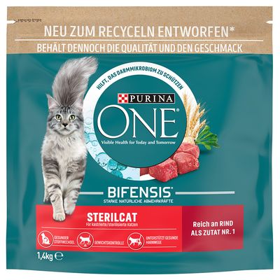 Purina ONE Bifensis Sterilcat, reich an Rind als Zutat Nr. 1. Verpackung mit Bild einer grauen Katze, Fleischstücken, Getreide und Kräutern.