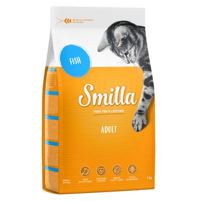 Smilla Adult suha hrana za mačke s ribom, 1 kg. Na pakiranju piše: Food for a lifetime, high acceptance, contains taurine, omega fatty acids, yucca schidigera.