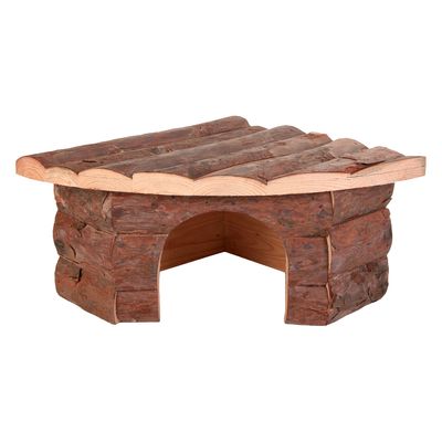Wooden house made of natural wood with curved roof and open entrance, suitable as shelter or decoration.