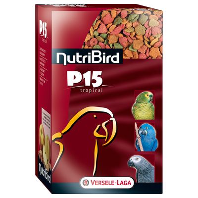 NutriBird P15 tropical a Versele-Laga-tól. Csomagolás papagájok és színes madáreleség képeivel.