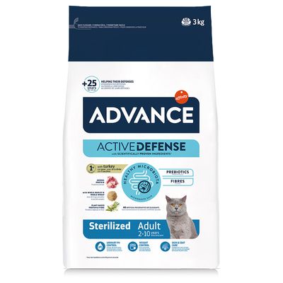 Advance Active Defense Sterilized para gatos adultos, Microbiota Sana, 1,5 kg. Texto visible: con ingredientes científicamente probados, Adult, Sterilized.