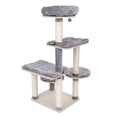 Cat tree with multiple levels, grey padded resting areas and sisal-wrapped posts.